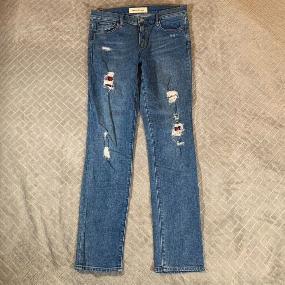 Gap Womens 29 Long Denim Blue Jeans Real Straight Distressed Plaid Patch Stretch